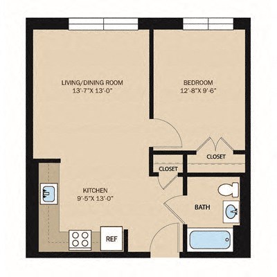 Floor plan for 1 bed, 1 bath, 503 sqft